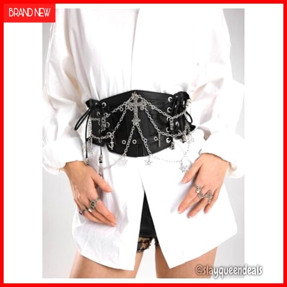 Faux Leather Corset Belt with Chain Lace Up Side Elastic Waist main image 4